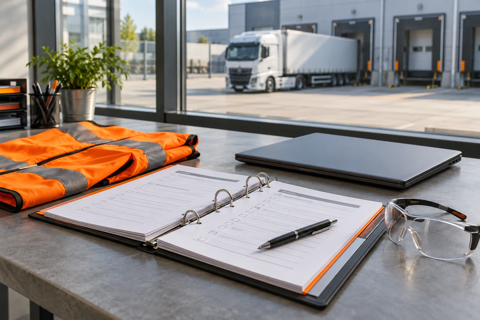 Tvarkingas darbo stalas su patikrų segtuvu ir apsauginėmis priemonėmis logistikos biure